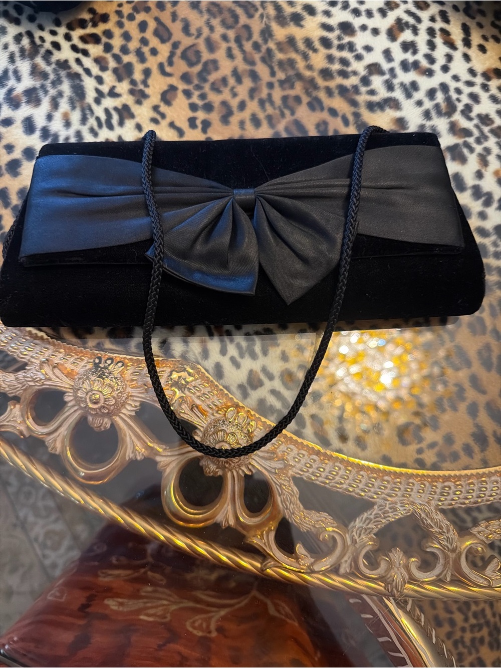 Black Velvet Bow Evening Clutch with Rope Strap